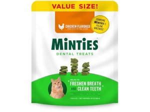 Premios dentales Minties para gatos, con sabor a pollo, refrescan el aliento y controlan el sarro, 10 oz