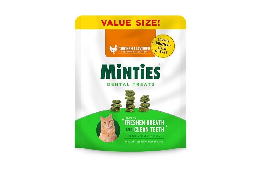 Premios dentales Minties para gatos, con sabor a pollo, refrescan el aliento y controlan el sarro, 10 oz