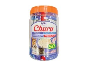 Galletas para gatos INABA Churu, sin cereales, para lamer y exprimibles, puré cremoso con vitamina E y taurina, 14 g cada tubo, 50 unidades, variedad de atún y mariscos