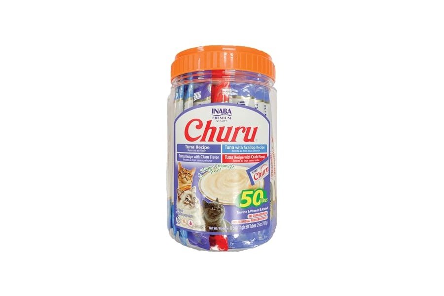 Galletas para gatos INABA Churu, sin cereales, para lamer y exprimibles, puré cremoso con vitamina E y taurina, 14 g cada tubo, 50 unidades, variedad de atún y mariscos
