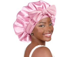 YANIBEST - Gorro de seda para dormir para mujer, gorro de satén de doble capa con forro de satén y banda para atar, para cabello rizado, color rosa