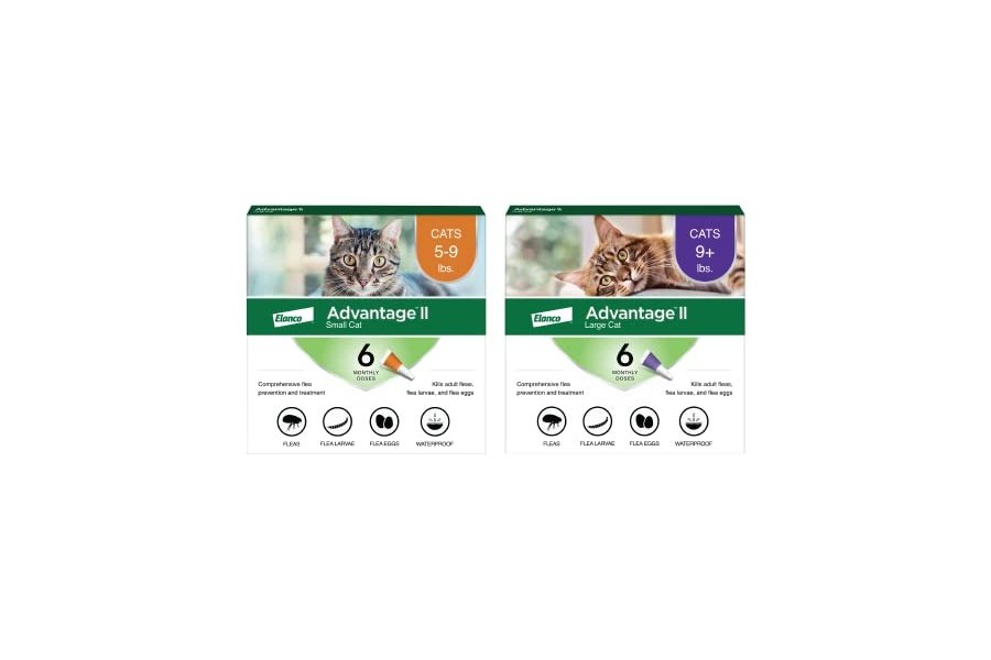 Advantage II para gatos grandes de más de 4 kg y Advantage II para gatos pequeños de 2,2 a 4 kg. Tratamiento y prevención contra pulgas recomendado por veterinarios | Suministro para 6 meses cada uno