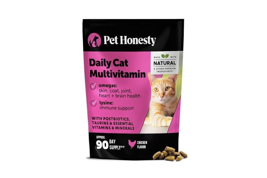 Masticables multivitamínicos para gatos Pet Honesty: premios para la salud, el sistema inmunitario, las articulaciones, la piel, el pelaje y la digestión. Omega 3, lisina y probióticos. Vitaminas para gatos. Pollo (suministro para 90 días).