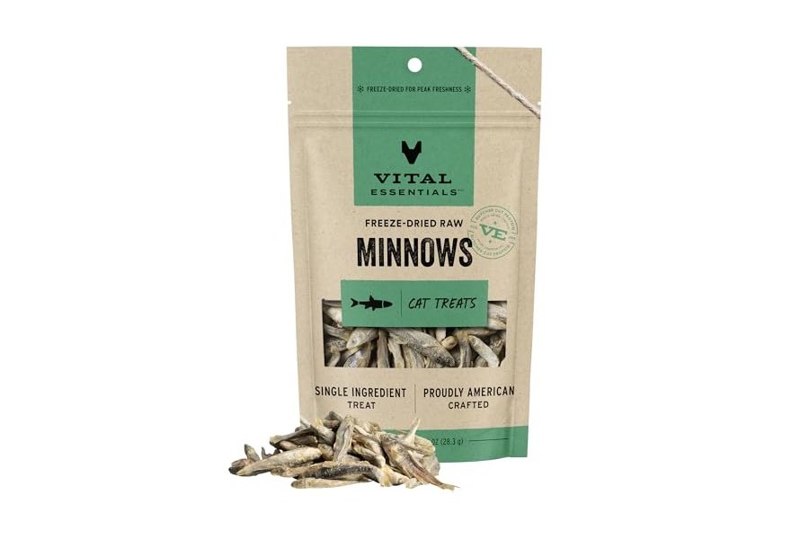 Golosinas para gatos Vital Essentials liofilizadas, crudas y de un solo ingrediente, con forma de pececillo, 28 g (el envase puede variar)