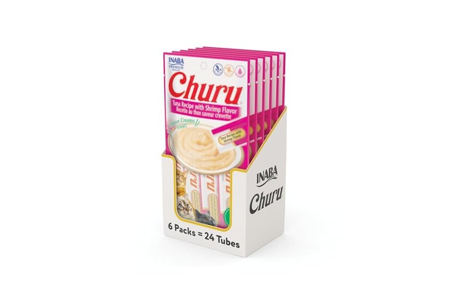 Galletas para gatos INABA Churu, sin cereales, para lamer y exprimible, puré cremoso con vitamina E y taurina, 14 g cada tubo, 24 tubos (4 por paquete), receta de atún con sabor a camarones
