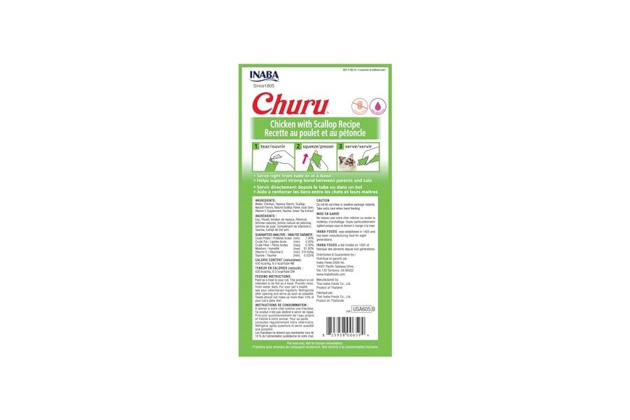 Galletas para gatos INABA Churu, sin cereales, para lamer y exprimible, puré cremoso con vitamina E y taurina, 14 g cada tubo, 24 tubos (4 por paquete), receta de pollo con vieiras - Image 3