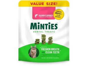 Premios dentales Minties para gatos, con sabor a salmón, refrescan el aliento y controlan el sarro, 10 oz