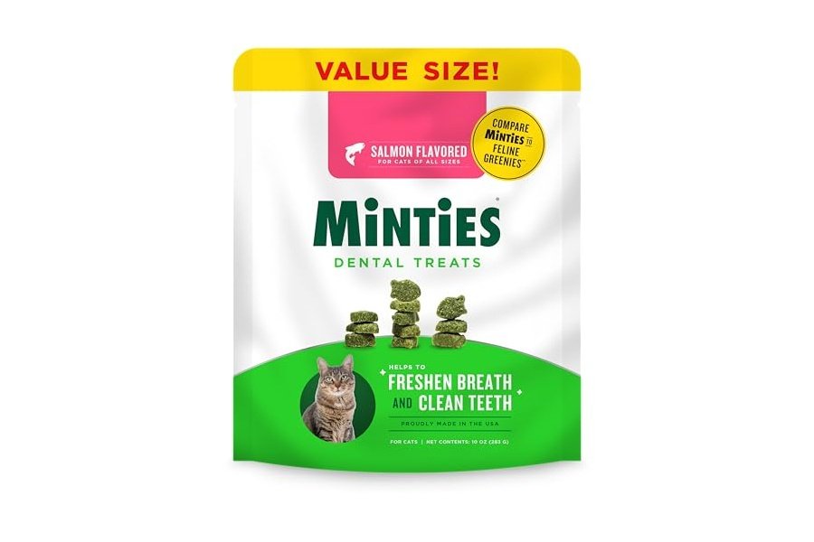 Premios dentales Minties para gatos, con sabor a salmón, refrescan el aliento y controlan el sarro, 10 oz