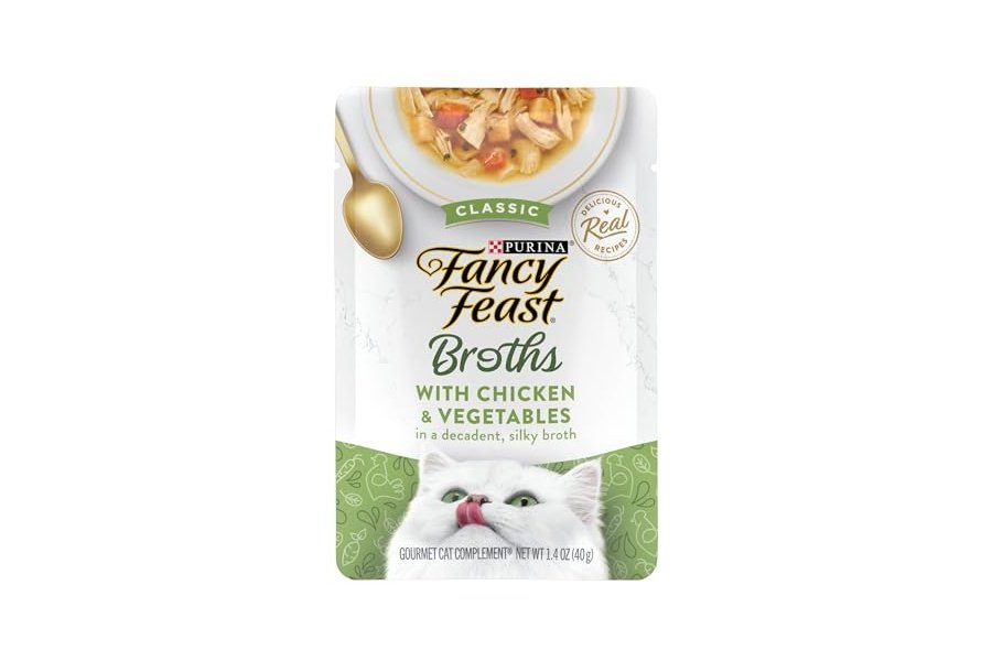 Alimento húmedo para gatos Purina Fancy Feast, para lamer, con caldo, clásico, con pollo y verduras - (Paquete de 16) sobres de 45 g