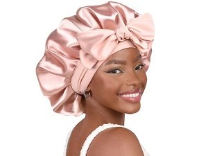 YANIBEST Gorro de seda para dormir para mujer, gorro de satén de doble capa con forro de satén y banda para atar, para cabello rizado, color rosa ruborizado, para mamá