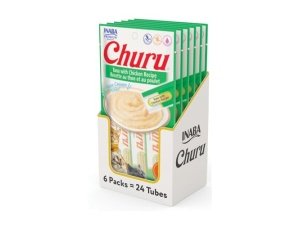Galletas para gatos INABA Churu, sin cereales, para lamer y exprimible, puré cremoso con vitamina E y taurina, 14 g cada tubo, 24 tubos (4 por paquete), receta de atún con pollo