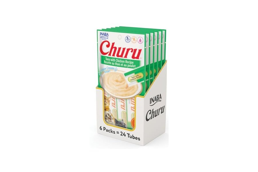Galletas para gatos INABA Churu, sin cereales, para lamer y exprimible, puré cremoso con vitamina E y taurina, 14 g cada tubo, 24 tubos (4 por paquete), receta de atún con pollo