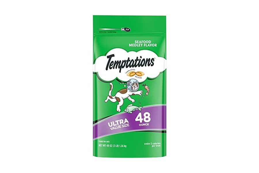 Temptations Classic Crunchy and Soft Cat Treats Sabor a Mariscos, Bolsa de 48 oz