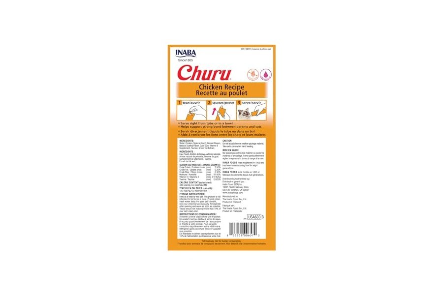 Galletas para gatos INABA Churu, sin cereales, para lamer y exprimible, puré cremoso con vitamina E y taurina, 14 g cada tubo, 24 tubos (4 por paquete), receta de pollo - Image 2