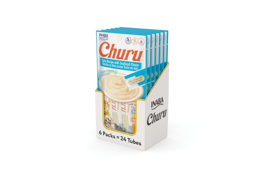 Galletas para gatos INABA Churu, sin cereales, para lamer y exprimibles, puré cremoso con vitamina E y taurina, 14 g cada tubo, 24 tubos (4 por paquete), receta de atún con sabor a mariscos