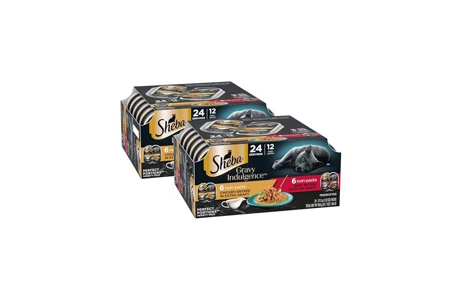 Alimento húmedo Sheba para gatos adultos, paquete variado - Plato principal de carne de res y pollo con salsa extra, bandejas dobles de 75 g (12 unidades, 24 porciones) (paquete de 2)