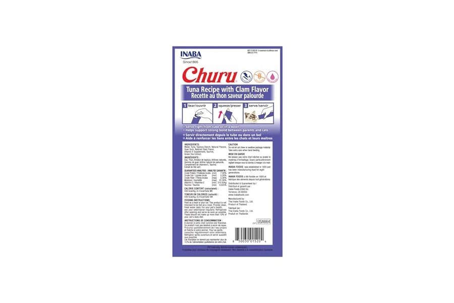 Galletas para gatos INABA Churu, sin cereales, para lamer y exprimible, puré cremoso con vitamina E y taurina, 14 g cada tubo, 24 tubos (4 por paquete), receta de atún con sabor a almeja - Image 3