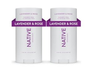 Desodorante Native con ingredientes de origen natural, 72 horas de control del olor | Desodorante para mujeres y hombres, sin aluminio, con bicarbonato de sodio, aceite de coco y manteca de karité | Lavanda y rosa, paquete de 2