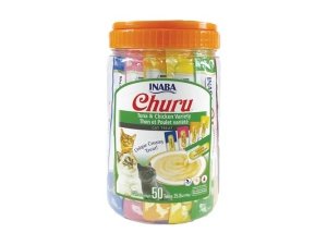 Galletas para gatos INABA Churu, sin cereales, para lamer y exprimibles, puré cremoso con vitamina E y taurina, 14 g cada tubo, 50 unidades, variedad de atún y pollo