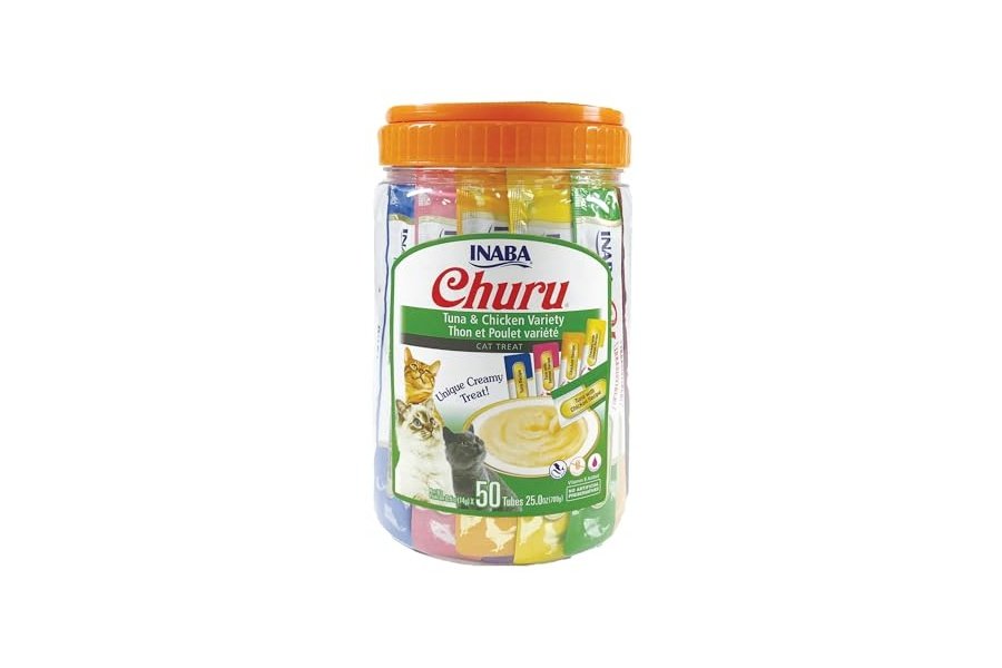 Galletas para gatos INABA Churu, sin cereales, para lamer y exprimibles, puré cremoso con vitamina E y taurina, 14 g cada tubo, 50 unidades, variedad de atún y pollo