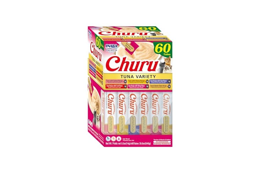 Galletas para gatos INABA Churu, sin cereales, para lamer y apretar, puré cremoso, 60 porciones, caja variada de atún