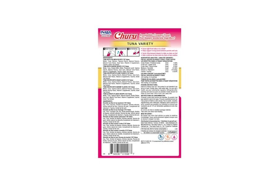 Galletas para gatos INABA Churu, sin cereales, para lamer y apretar, puré cremoso, 60 porciones, caja variada de atún - Image 2