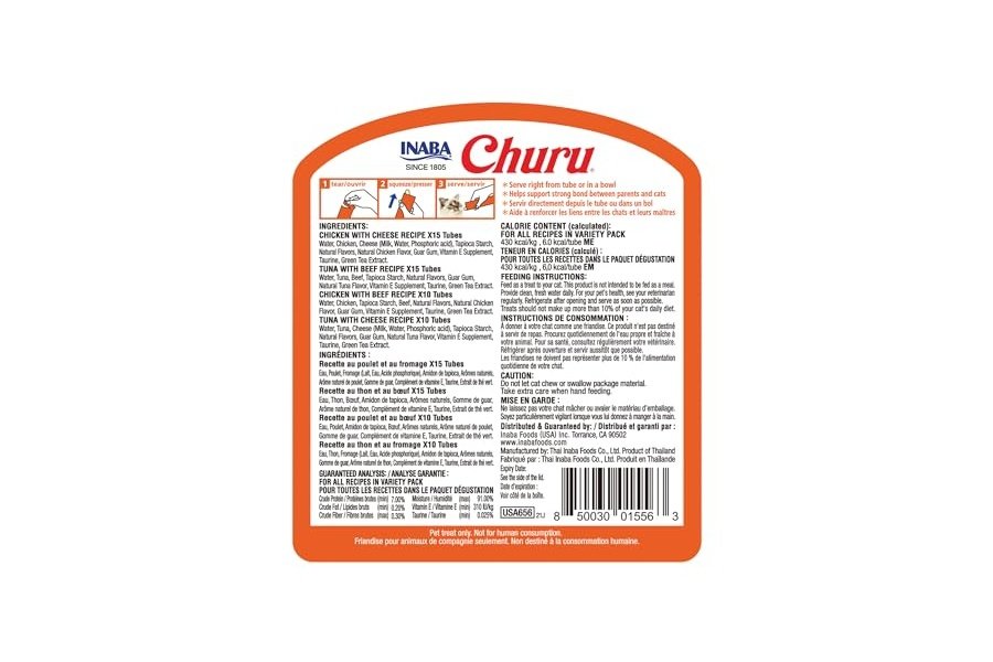 Galletas para gatos INABA Churu, sin cereales, para lamer y exprimibles, puré cremoso con vitamina E y taurina, 14 g cada tubo, 50 tubos, variedad de carne y queso - Image 2