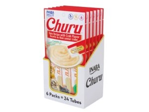 Galletas para gatos INABA Churu, sin cereales, para lamer y exprimible, puré cremoso con vitamina E y taurina, 14 g cada tubo, 24 tubos (4 por paquete), receta de atún con cangrejo