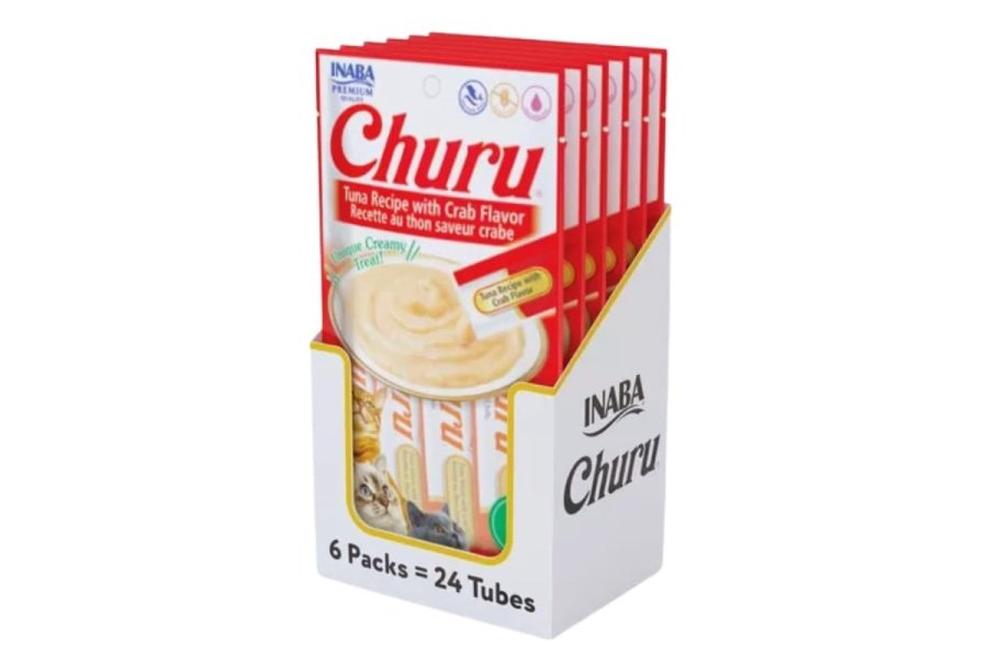 Galletas para gatos INABA Churu, sin cereales, para lamer y exprimible, puré cremoso con vitamina E y taurina, 14 g cada tubo, 24 tubos (4 por paquete), receta de atún con cangrejo