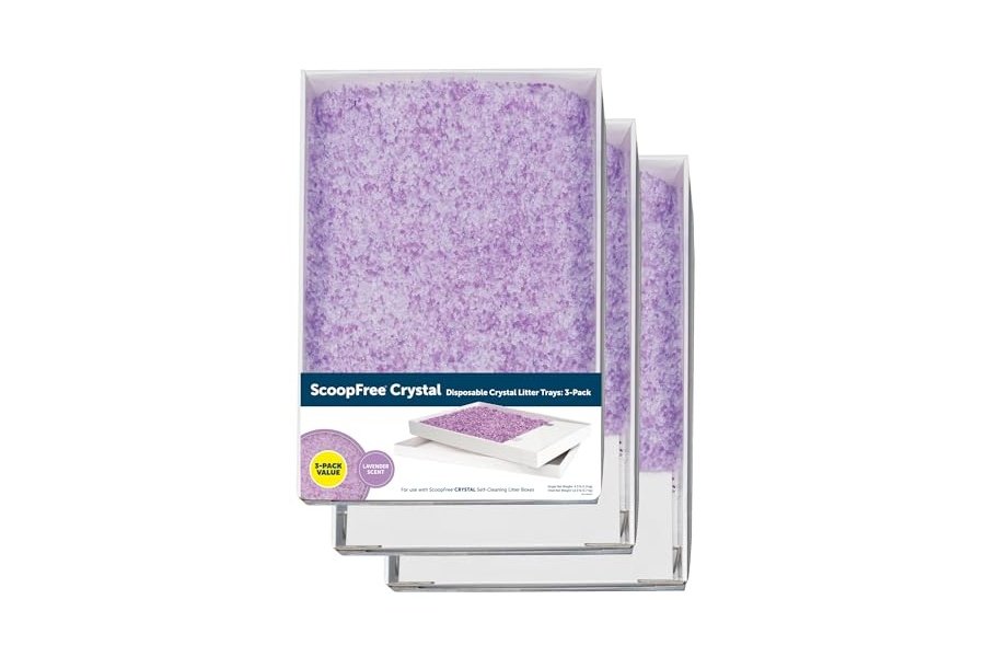 Arena para gatos PetSafe ScoopFree Crystal con bandeja de repuesto y tapa, aroma a lavanda, bolsa de 2 kg (cada bandeja), paquete de 3