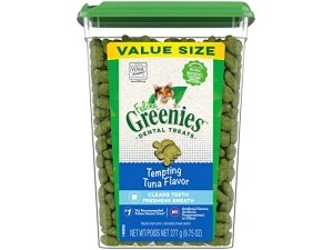 Premios dentales para gatos adultos Greenies Feline, sabor tentador a atún, envase de 250 g