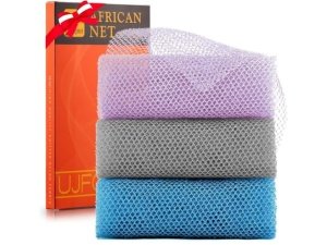 3 esponjas de baño africanas de malla larga, exfoliantes, para ducha, cuerpo y espalda, suavizantes, ideales para uso diario (morado, gris y azul).
