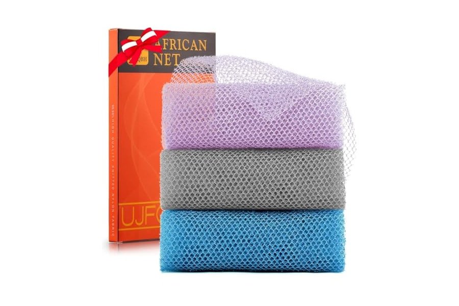 3 esponjas de baño africanas de malla larga, exfoliantes, para ducha, cuerpo y espalda, suavizantes, ideales para uso diario (morado, gris y azul).