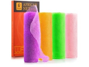 4 esponjas de red africanas largas para baño, exfoliantes, para ducha, cuerpo y espalda, suavizan la piel, ideales para uso diario (morado, naranja, verde, rosa).