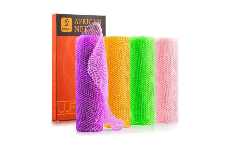 4 esponjas de red africanas largas para baño, exfoliantes, para ducha, cuerpo y espalda, suavizan la piel, ideales para uso diario (morado, naranja, verde, rosa).