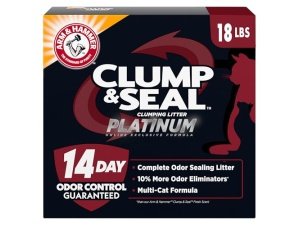 ARM & HAMMER Clump & Seal Platinum, Arena aglomerante para gatos con sellado completo de olores, Multigatos, Control de olores durante 14 días, Fórmula exclusiva en línea, 8 kg