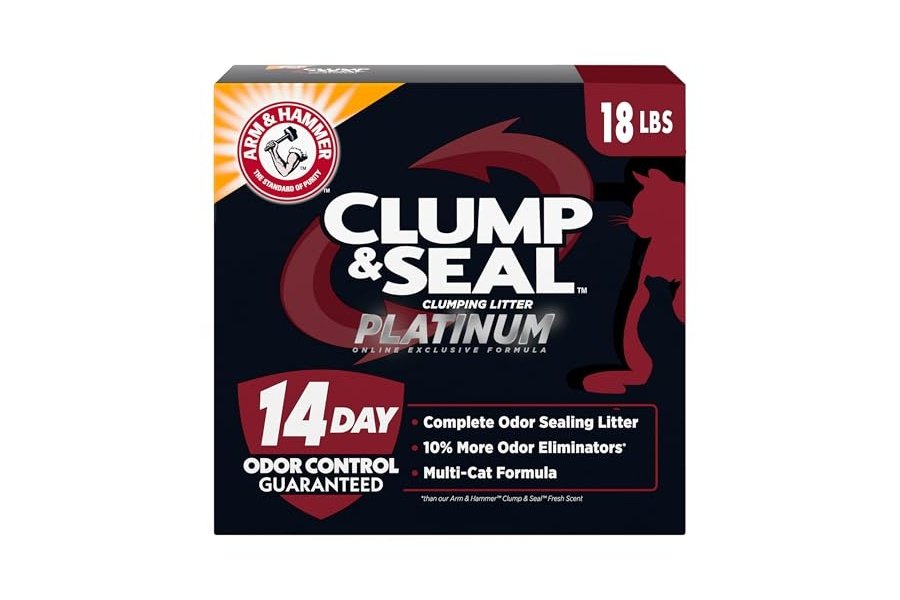 ARM & HAMMER Clump & Seal Platinum, Arena aglomerante para gatos con sellado completo de olores, Multigatos, Control de olores durante 14 días, Fórmula exclusiva en línea, 8 kg