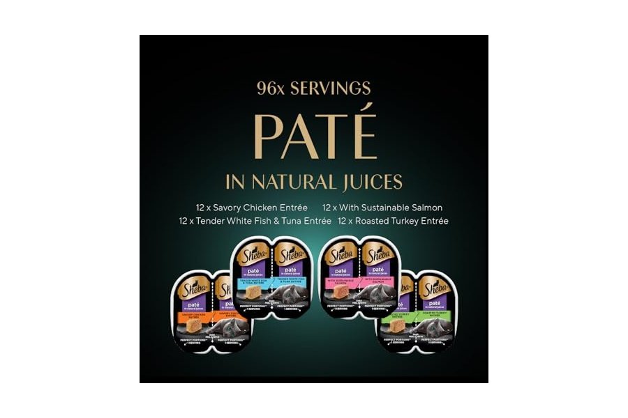 Paquete variado de alimento húmedo para gatos Sheba Perfect Portions Paté: Pollo sabroso, pavo asado con salmón sostenible y pescado blanco tierno con atún, bandejas de 75 g (48 unidades, 96 porciones) - Image 3