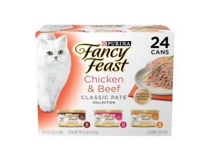 Purina Fancy Feast Colección de Paté Clásico de Pollo y Res, Alimento Húmedo para Gatos sin Granos, Paquete Variado - (Paquete de 24) Latas de 85 g con Tapa Abatible