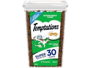 Temptations Classic Crunchy and Soft Cat Treats sabor a mezcla de mariscos, envase de 30 oz
