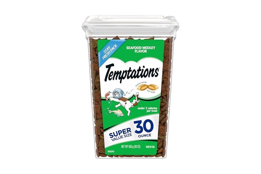 Temptations Classic Crunchy and Soft Cat Treats sabor a mezcla de mariscos, envase de 30 oz
