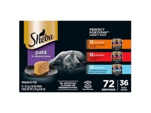 Paté húmedo para gatos Sheba Perfect Portions: Pollo sabroso, carne tierna, pescado blanco y atún, bandejas dobles de 75 g (36 unidades, 72 porciones)