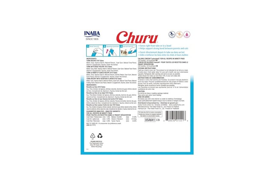 Galletas para gatos INABA Churu, sin cereales, para lamer y exprimibles, puré cremoso con vitamina E y taurina, 14 g cada tubo, 40 tubos, caja variada de atún - Image 2