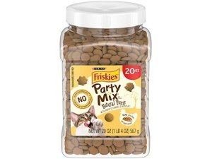 Premios naturales para gatos Purina Friskies, mezcla para fiestas, delicias naturales con pollo auténtico, vitaminas, minerales y nutrientes - Envase de 590 g