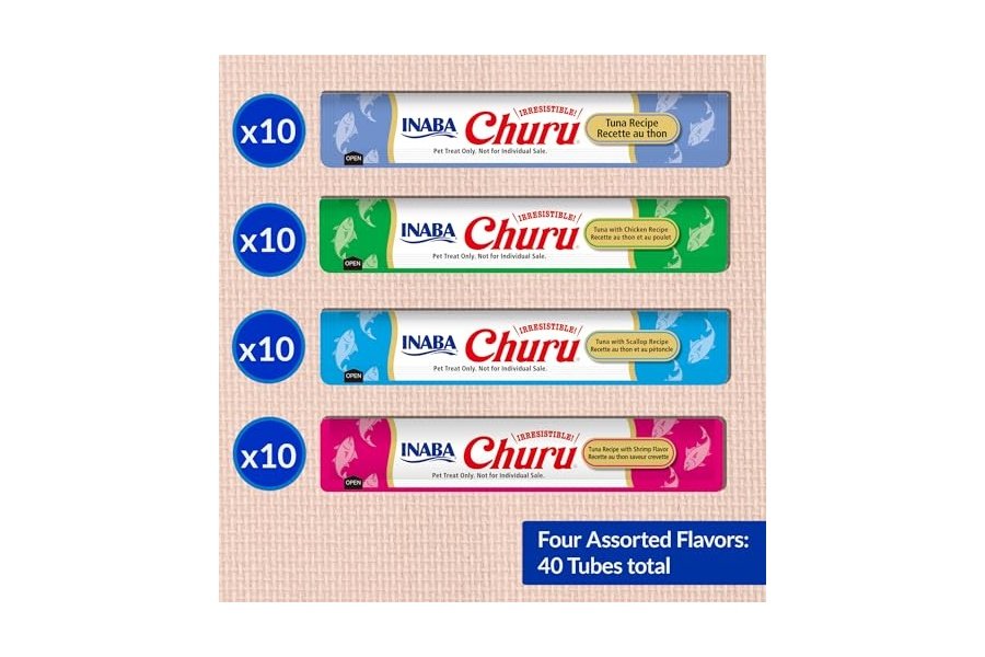 Galletas para gatos INABA Churu, sin cereales, para lamer y exprimibles, puré cremoso con vitamina E y taurina, 14 g cada una, 40 tubos, caja variada de atún y mariscos - Image 3