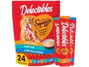 Hartz Delectables Squeeze Up - Golosinas húmedas interactivas para lamer para gatos adultos y mayores, atún y camarones, 24 unidades, 345 g