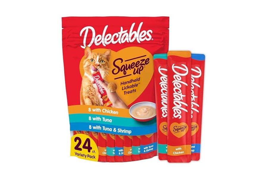 Hartz Delectables Squeeze Up - Golosinas húmedas interactivas para lamer para gatos adultos y mayores, atún y camarones, 24 unidades, 345 g