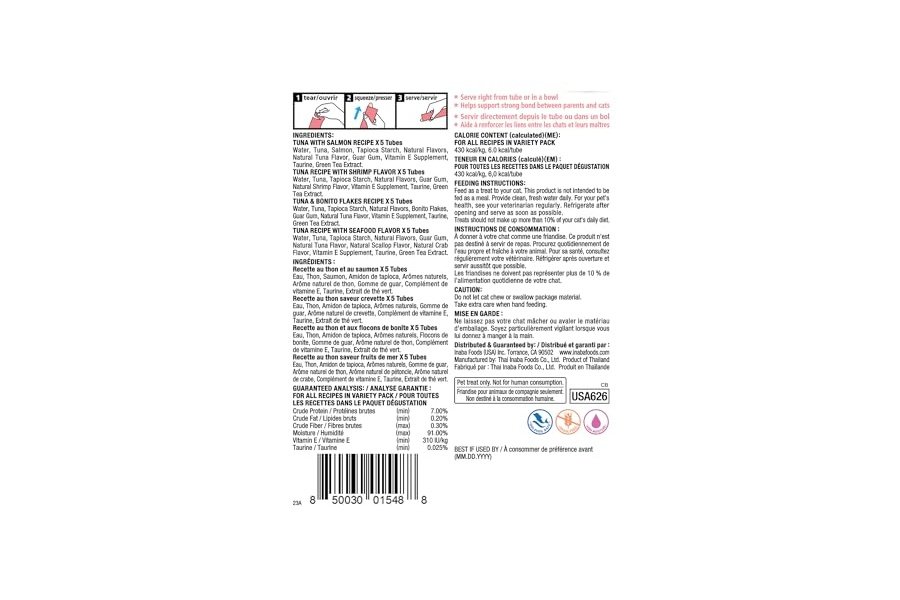 Galletas para gatos INABA Churu, sin cereales, para lamer y exprimibles, puré cremoso con vitamina E y taurina, 14 g cada tubo, 20 tubos, caja con variedad de mariscos - Image 2