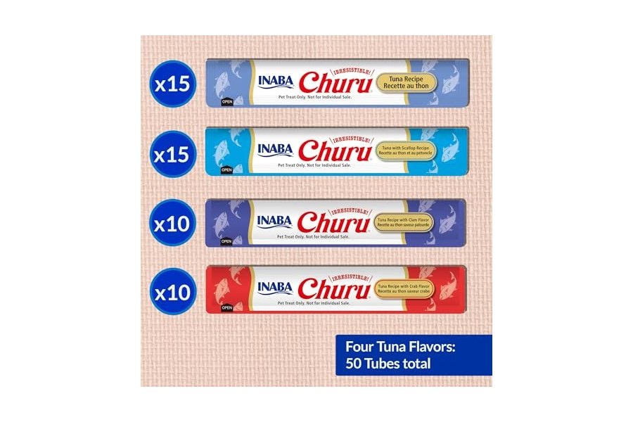 Galletas para gatos INABA Churu, sin cereales, para lamer y exprimibles, puré cremoso con vitamina E y taurina, 14 g cada tubo, 50 unidades, variedad de atún y mariscos - Image 4