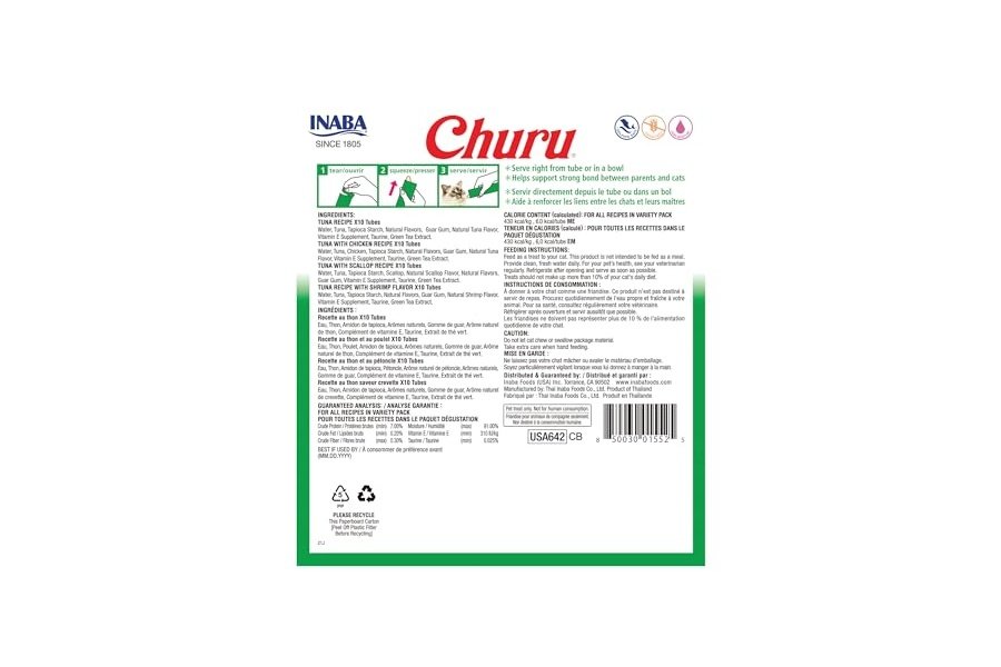 Galletas para gatos INABA Churu, sin cereales, para lamer y exprimibles, puré cremoso con vitamina E y taurina, 14 g cada una, 40 tubos, caja variada de atún y mariscos - Image 2